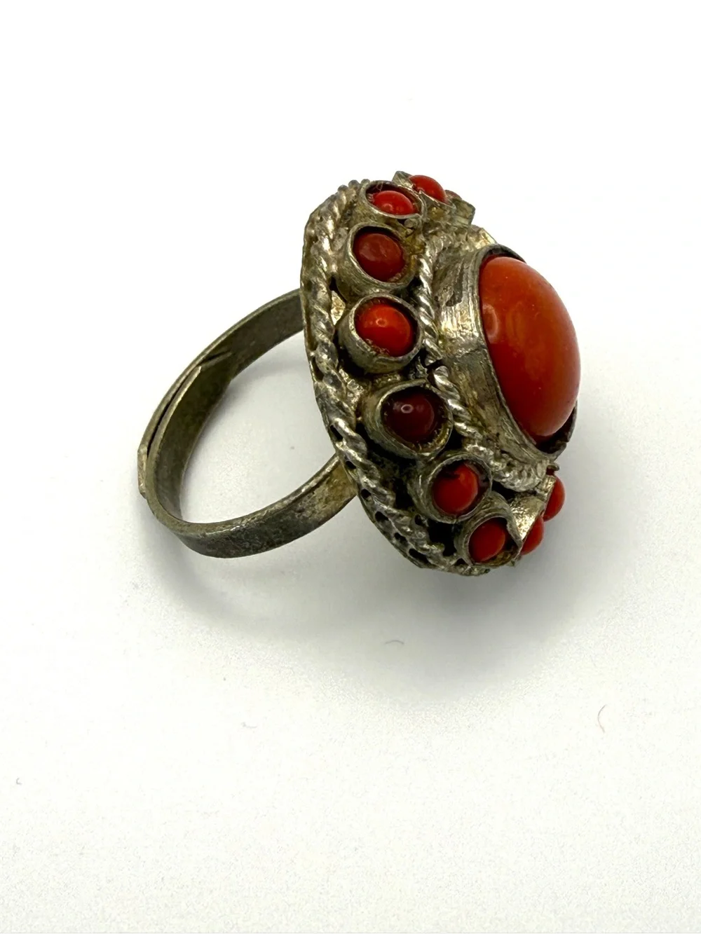Antique Adjustable Silver Coral Cluster Statement Ring